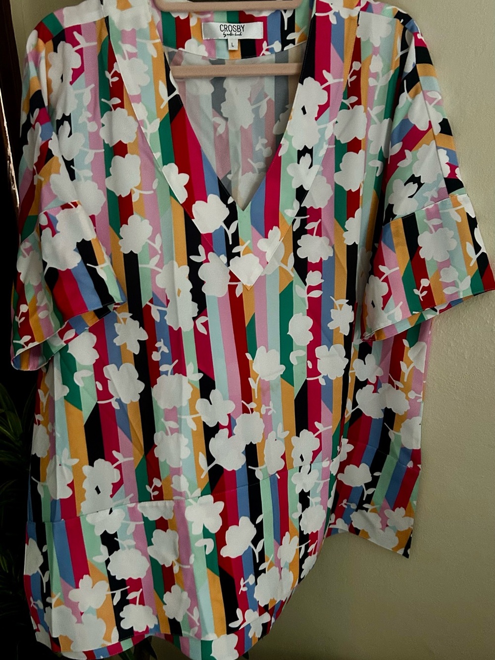 crosby. by Mollie Burch Multicolor Stripe W/ White Floral V-Neck Tunic Size L